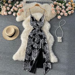 Casual Dresses Women Sexy Deep V-neck Spaghetti Strap Sleeveless Summer Dress Vintage Style Floral Print Backless Split Midi Party Robe