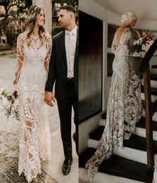 2022 Bohemian Full Lace Beach Wedding Dresses Bridal Gowns Long Sleeve Low Backless Chic Noivas Boho Rue de Soriee9769595