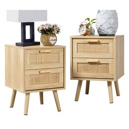 Finnhemy Coffee Side Table, 2 Handmade Rattan Decorated Drawers, Bedside Set, Wooden Decorative Table with Bedroom Storage Space, Natural Color, 2-piece Set