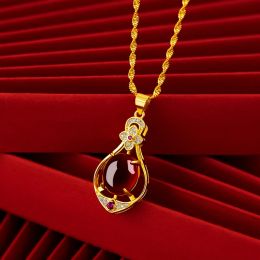 Pendants Water Drop Red Crystal Pendant Necklace Women 24K Real Gold Plated 45cm Woolen Chain Fourleaf Clover Ruby Pendant Women Gift