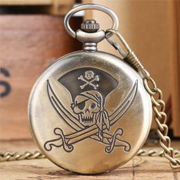 Bronze Classic Pirates of Skull Design Pocket Watches Steampunk Quartz Watch Necklace Chain Gifts Mens Women Kids207r