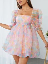 Casual Dresses Women's Summer A-Line Dress Short Puff Sleeve Colourful Tutu Skirt Square Neck Pattern Printing