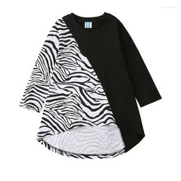 Girl Dresses 2024 Spring Teens Girls Black White Leopard Solid Patchwork Long Sleeve For 110-160cm Toddlers Clothes