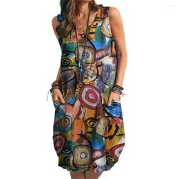 Casual Dresses Summer Dress Colourful Graffiti Print Loose Round Neck Bohemian Sleeveless Pockets Vacation Knee Length Lady Midi Vestidos