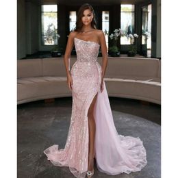 Chic Pink Mermaid Prom Strapless Side Split Party Dresses Sleeveless Floor Length Evening Dress Custom Made