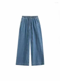 Women's Jeans Women Fashion Side Pockets Decoration Loose Wide Leg Vintage Elastic Waist Drawstring Zipper Female Denim Pants Mujer