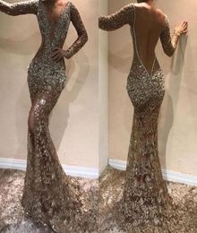 Luxury Sequined Beaded Mermaid Prom Dresses Sparkly Vintage Long Sleeves Open Back Evening Gown Long Formal Party Pageant Dresses1704541