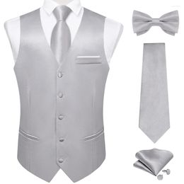 Men's Vests Elegant Grey Solid Suit Vest With Pocket Satin Waistcoat Necktie Bow Tie Handkerchief Cufflinks For Tuxedo Wedding Prom