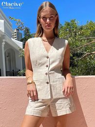 Clacive Summer Slim Khaki Linen 2 Piece Set Outfit 2024 Fashion Sleeveless Tank Top With High Waist Shorts Female 240314