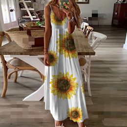 Casual Dresses Women Sunflower Print Spaghrtti Strap Long Dress Summer Deep V-Neck Sleeveless Maxi A-Line Female Holiday