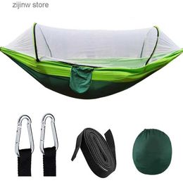 Hammocks 260x140cm automatic quick opening mosquito net hammock outdoor camping pole hammock swing anti rolling nylon rocking chair Y240322