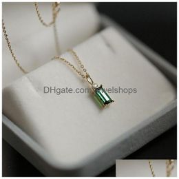 Pendant Necklaces 925 Sterling Sier Necklace European Simple Square Green Crystal Clavicle Chain Women Classic Plating 14K Gold Jewelr Dhvtx