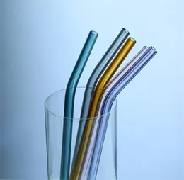 Mugs KINGLANG 6Pcs/set Colorful Transparent Glass Straw Heat-resistant Curved Juice Straws
