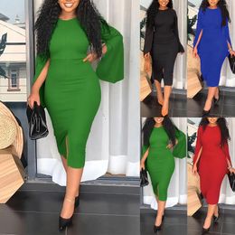 Casual Dresses Autumn Winter Elegant Solid For Girls Teens 2024 Sexy Hip Wrap Side Slit Long Sleeve O Neck Backless Dress