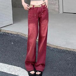 Women's Jeans Rose Red High Street Hip Hop Fashion Tide All Match Straight Trousers Pesonality Skinny Mopping Pants Y2K Pantalones