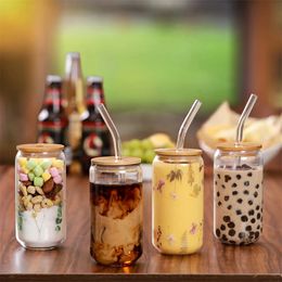 146pcs Set Glass Cup With Lid and Straw Juice Glass Beer Can Milk Mocha Cup Transparent Bubble Tea Cup High Borosilicate Glass 240319