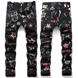 Spring and Autumn Coloured Print Elastic Slim Fit Long Graffiti Personalised Flower Pants Jeans Men's