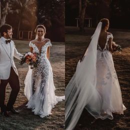 Bohemian A Line Wedding Dresses 2024 IllusionSheer Neck Short Sleeve Lace Appliques Bridal Gowns Plus Size Vestido De Wedding Dress