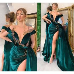 Aso Arabic Veet Ebi Prom Dresses Mermaid Long Peplum Sparkly Crystals Beaded Off Shoulder Evening Reception Gowns Sexy Split Plus Size Vestidos