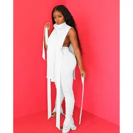 Women's Two Piece Pants 2024 2 Pieces Set Streetwear Summer Fashion Long Women Casual Solid Sleeveless Lace-Up Top Flare Outfits