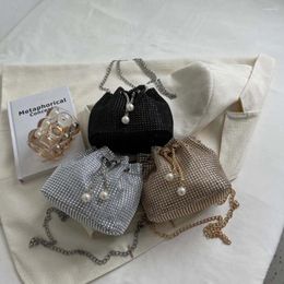 Drawstring Women Chain Crossbody Bag Solid Colour Rhinestone Glittering Satchel Bling Bucket Dinner Party