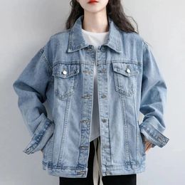 Women Cotton Denim Coat Fall Winter Korean Vintage Casual Oversize Blue Jackets Trend Loose Lapel Long Sleeve Wild Outwear240321