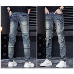 2022 Autumn New Street Trendy Men's Jeans Spliced Slim Fit, Scratched and Worn Hole Beggar's Small Straight Mid Rise Pants