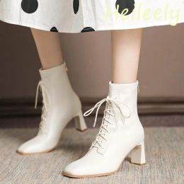 Boots 7cm New Fashion Square Toe Thin High Heels Pumps Midcalf Bandage with Zipper Women Boots 38 39