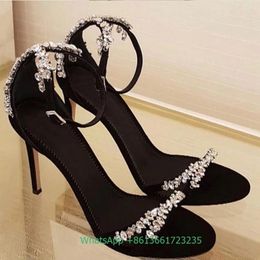 Dress Shoes Crystal One Word Belt Women Sandals Black 6/8/10Cm Thin High Heels Rhinestone Ankle Strap Bling Party Shiny