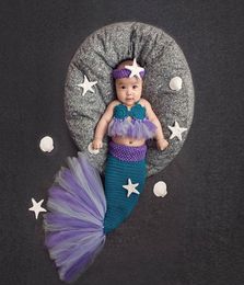 2019new Baby Girl Knitted Mermaid Costumes Tutu Mesh Lace Mermaid Tail Clothing Newborn Bebe Pography Props Starfish HeadbandMX2768390