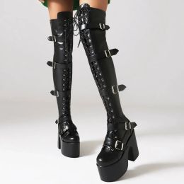 Boots IPPEUM Platform Thigh High Boots Women Black Gothic Chunky Heels Shoes Camel Belt Buckles Lace Up Punk Style Motorcycle Boots