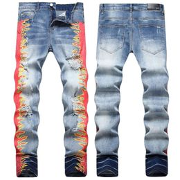 2023 Summer New AM Jeans Trendy Perforated Printed Personalized Slim Fit Small Feet Mid Rise Men's Pants
