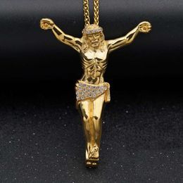 Religious Jesus Necklace with Rhinestone Fashion Gold Colour Cross Pendent Jewellery Gifts for Men Pendant