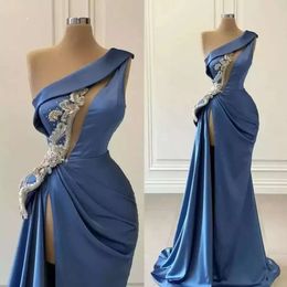 Sexy High Thigh Split Evening Dresses Mermaid One Shoulder Appliques Beads Keyhole Pleats Ruffles Long Ocn Gowns Prom Wears