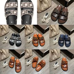 10 days delivered 2023 New Buckle Slippers Sandals Sliders Brown Double F Luxury Designer Mens Fashion Leather Platform Shoe Beach Slide Womans Flat Heel Sandale Sum