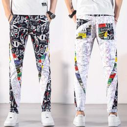 Summer New Personalised Printing Fashion Brand Jeans for Men's Korean Version Slim Fit Feet Elastic Graffiti Trendy Pants