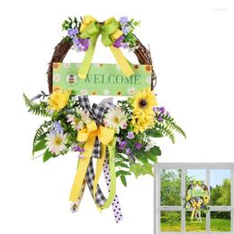 Decorative Flowers Spring Door Wreath Autumn With Welcome Sign And Plaid BowknotFront Decorations For Porch Home Wall