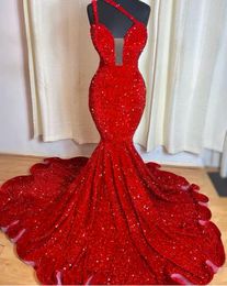 Red Mermaid Prom Dresses One Shoulder Velvet Sequin Prom Gown 2024 Plus Size Long Train Birthday Party Dress for Females