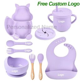 8PCS Baby Feeding Silicone Set Bibs Spoon Fork Set Sucker Bowl Plate Childrens Dinner Tableware Feeding Dishes Free Custom 240315