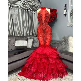 Mermaid Arabic Aso Ebi Red Prom Dress Beaded Crystals Feather Evening Formal Party Second Reception Birthday Engagement Gowns Dresses Robe De Soiree ZJ es