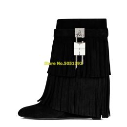 Boots Tassel Mid Calf Boots Wedges Metal Lock Decor Zipper Round Toe Height Increase Solid Black Brown Fashion Winter Women Boots