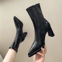 Boots New Riding Boots High Heel Single Boots Pointed Toe Patent Leather Side Zip Fashion Boots Women's Stovepipe Single Boots