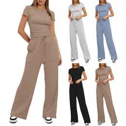 Women's Two Piece Pants Casual Two-piece Outfit High Waist Yoga Set With Drawstring O Neck Top Breathable For Summer Fitness