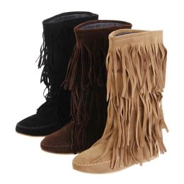 Boots Hot 3 Layers Fringe Boots 2021 Low Heel Tassel Moccasin Flat MidCalf Women Boots Plus Size 35~43 Drop Ship