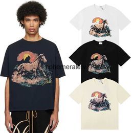 Men's T-Shirts 24SS Summer New Step Horse Sunset Printed T-shirt for Mens Couple Style Fashion High Quality Ultra fine Cotton Casual Top H240401