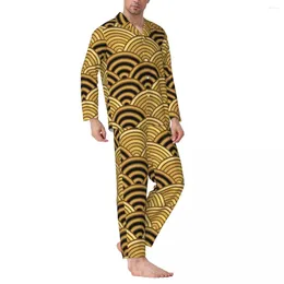 Men's Sleepwear Japanese Wave Pajama Set Gold Seigaiha Warm Men Long Sleeve Casual Loose Bedroom 2 Pieces Nightwear Large Size 2XL