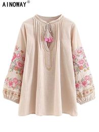 Spring Fashion Women Tassel Floral Embroidery Linen Cotton Beach Bohemian Blouse Shirts Tops Long Sleeve Loose Boho Shirt 240322