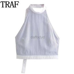 Women's T-Shirt TRAF 2024 shoulder blue suspender womens striped top womens summer backless sexy top womens casual tank top 240322