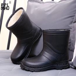 Boots PVC Waterproof Slip On Mid Rubber Boots Black Plus Velvet Warm RainBoots Fashion Thicken NonSlip Comfort Platform Work Shoes