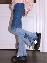 Women's Jeans ADAgirl Flare Woman Blue Y2k Baggy Vintage Kpop Bow High Waist Wide Leg Boot Cut Denim Pants Harajuku Causal Mujer Bottoms